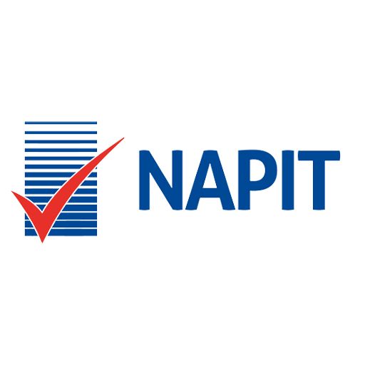 A blue and red logo for napit with a red check mark