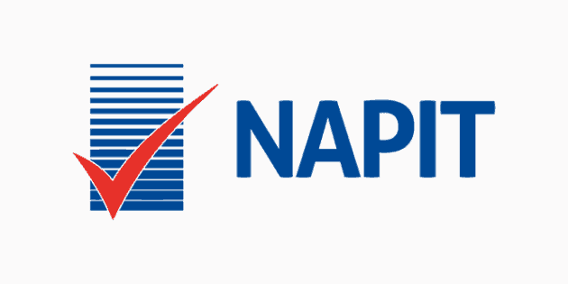 a blue and red logo for napit with a red check mark