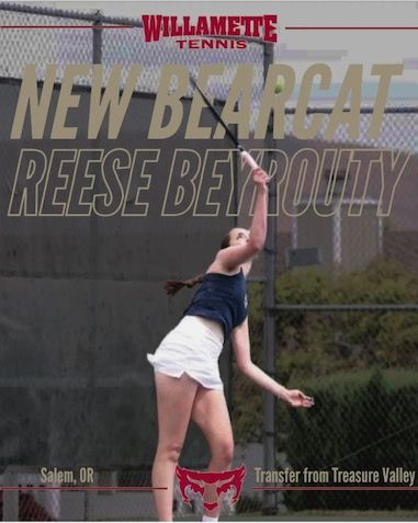 Willamette tennis welcomes Reese Beyrouty. Woman in tennis attire serving on court. Salem, OR. Transfer from Treasure Valley.