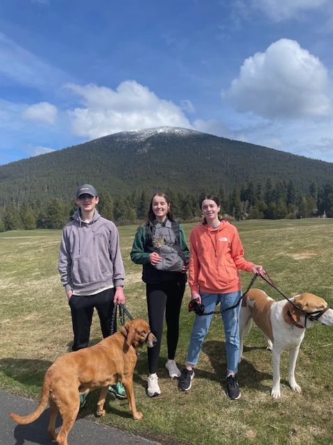 Three people with dogs posing in front of a mountain.
