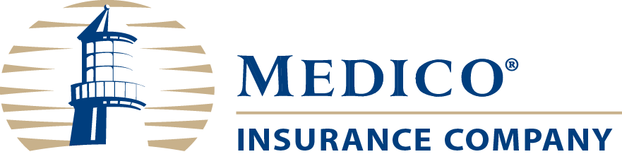 Logo of Medico Insurance Company: a lighthouse in a circle with the company name below.