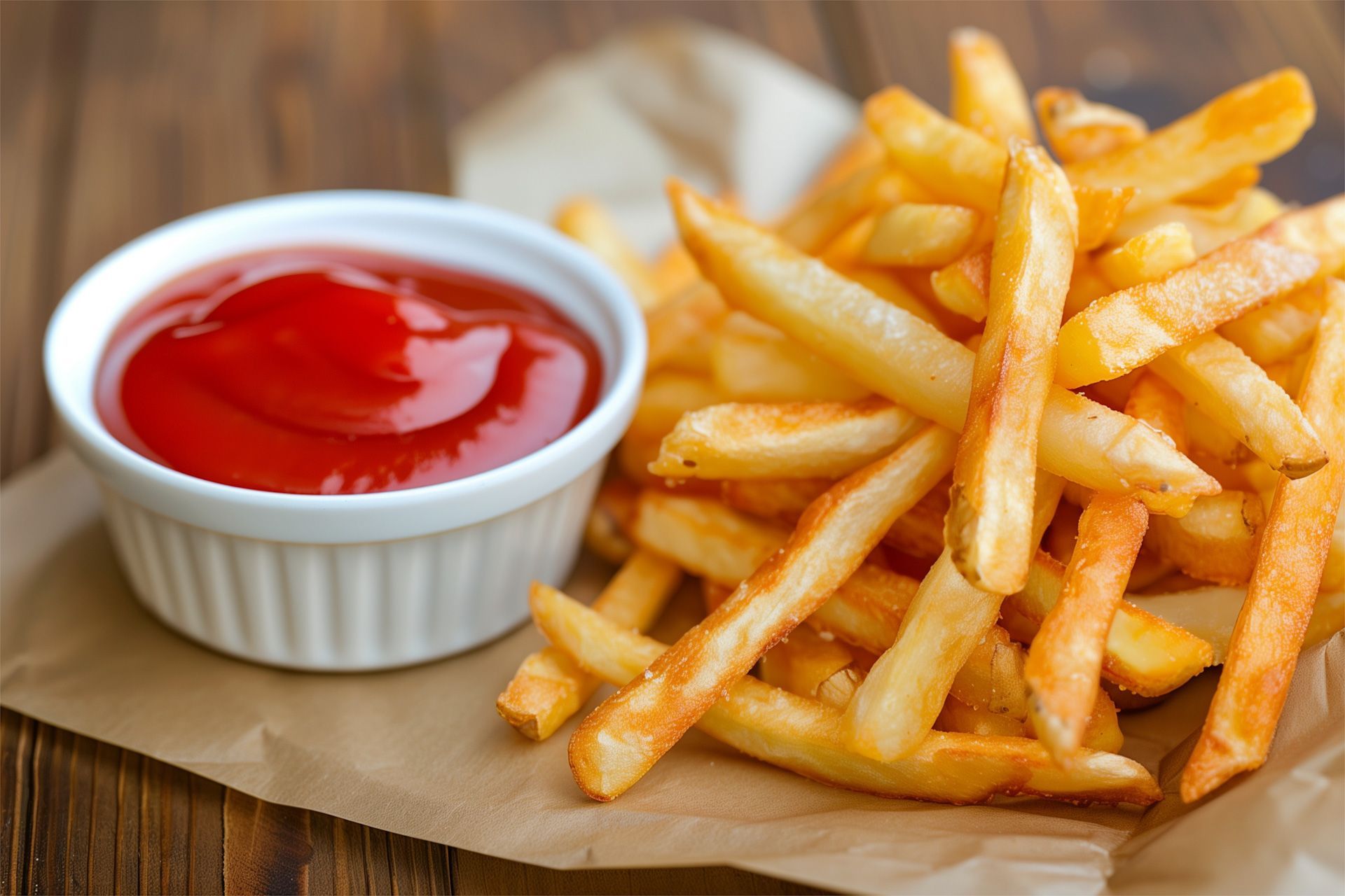 A bowl of ketchup next to a pile of french fries on a wooden table.