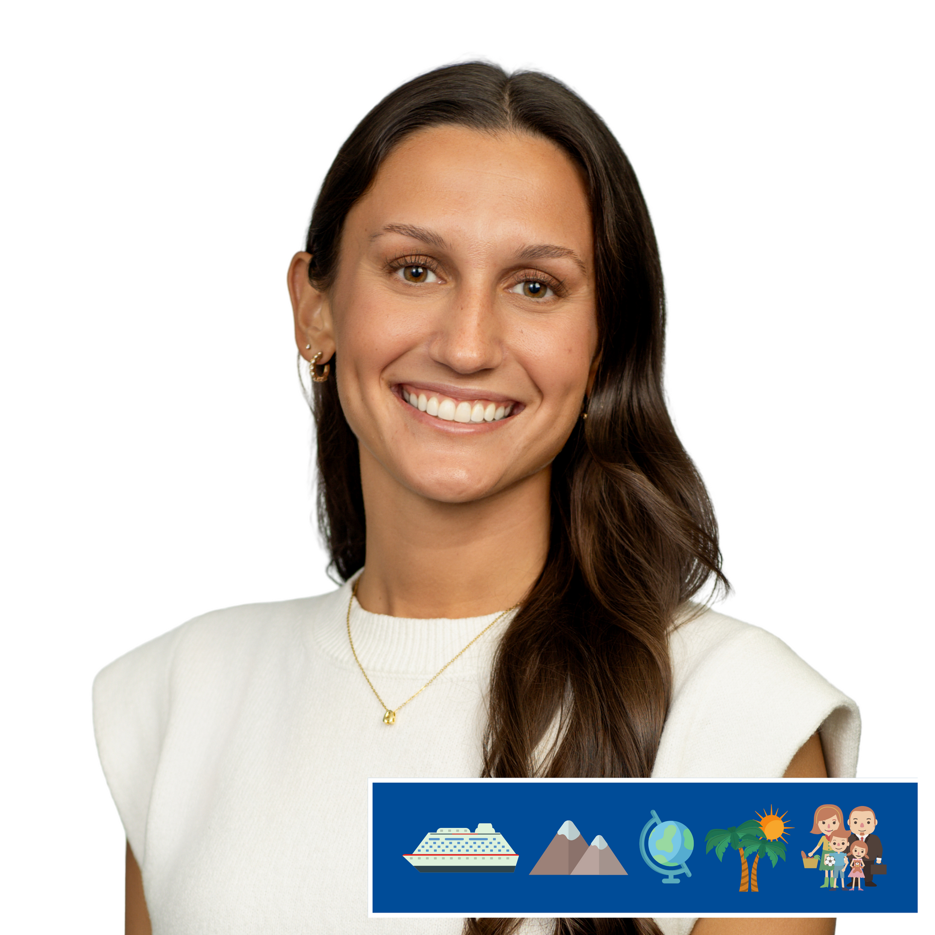 A woman is smiling in front of a picture of a couple.