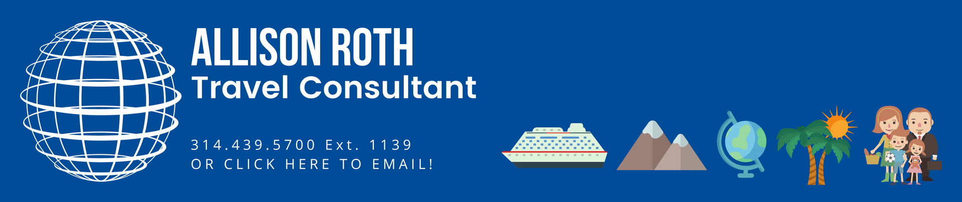 A blue banner for allison roth travel consultant
