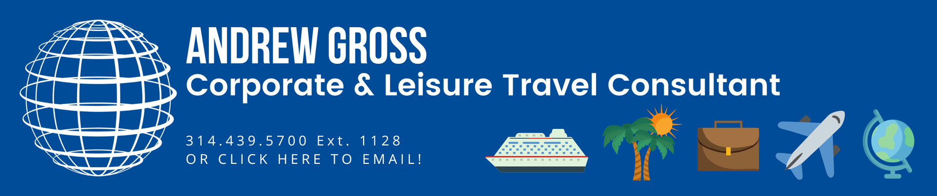 Andrew Gross travel consultant is shown on a blue background