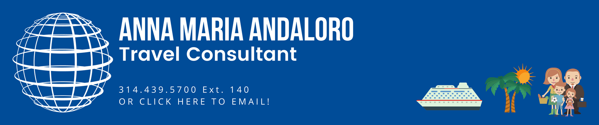 Anna maria andaloro travel consultant is shown on a blue background