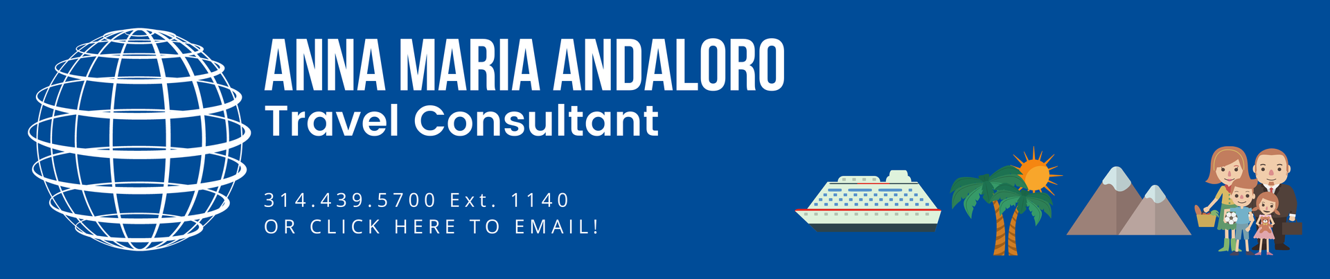 Anna maria andaloro travel consultant is shown on a blue background