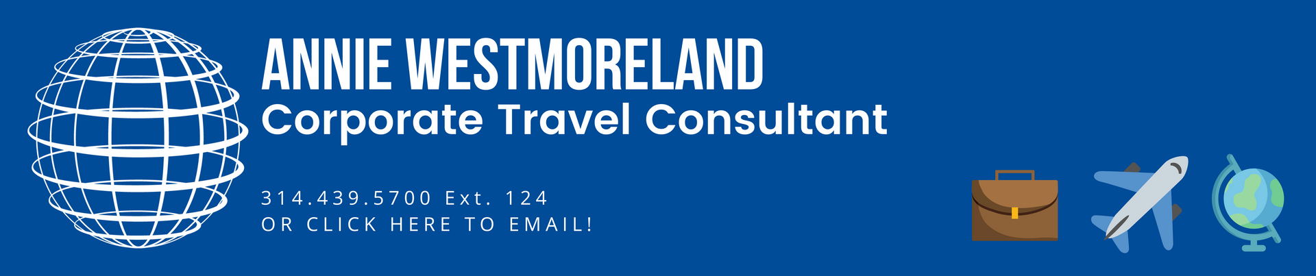 A blue banner for annie westmoreland corporate travel consultant