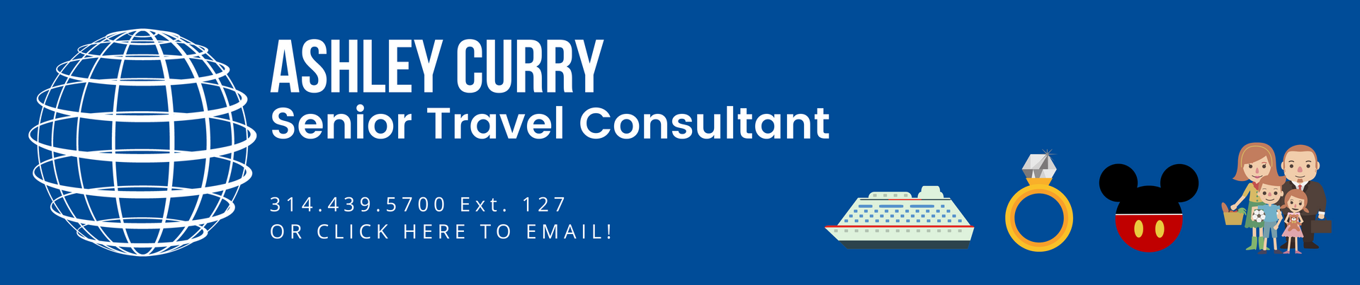 An advertisement for ashley curry senior travel consultant