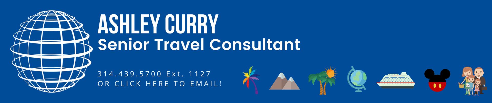 An advertisement for ashley curry senior travel consultant