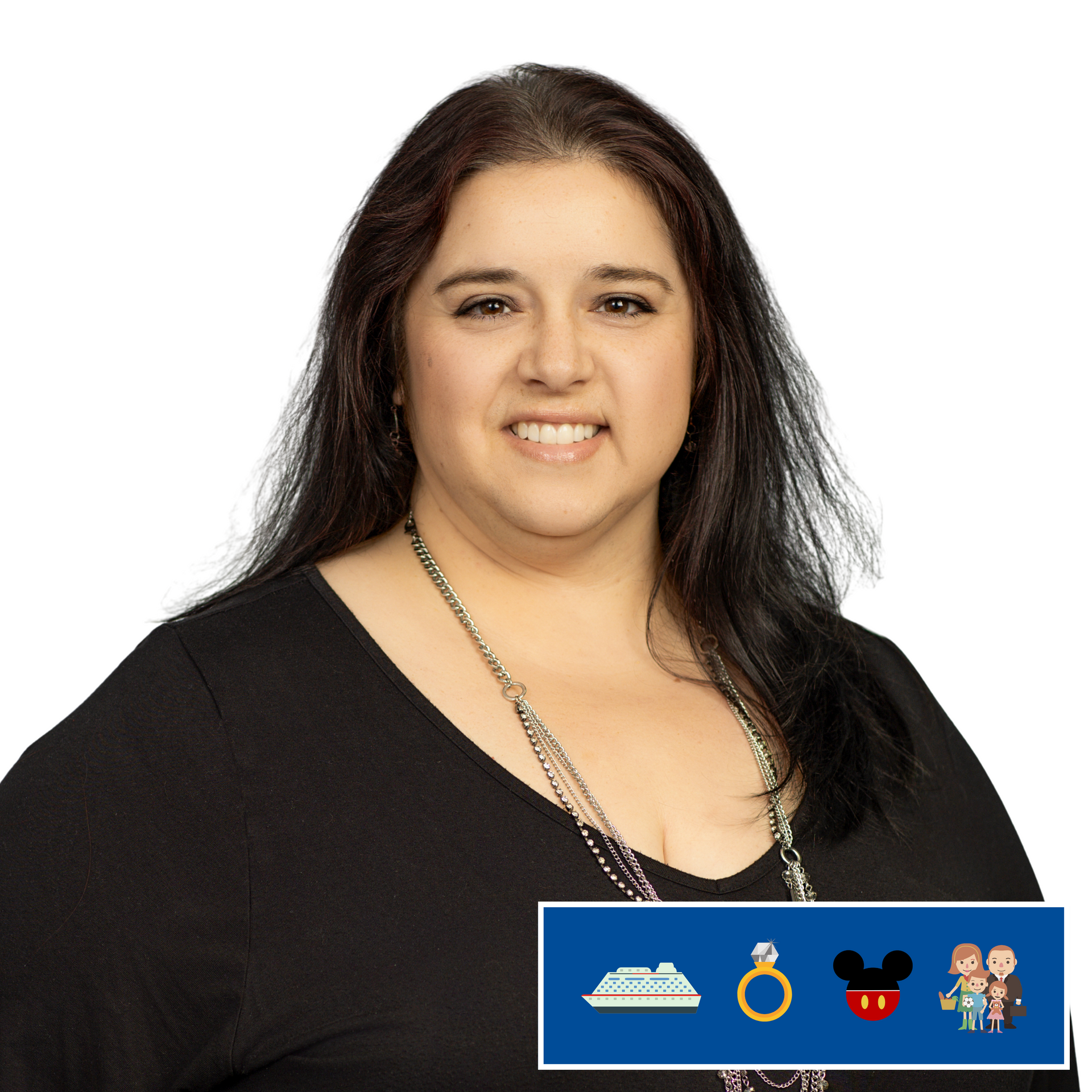 A woman in a purple shirt is smiling in front of a mickey mouse sign