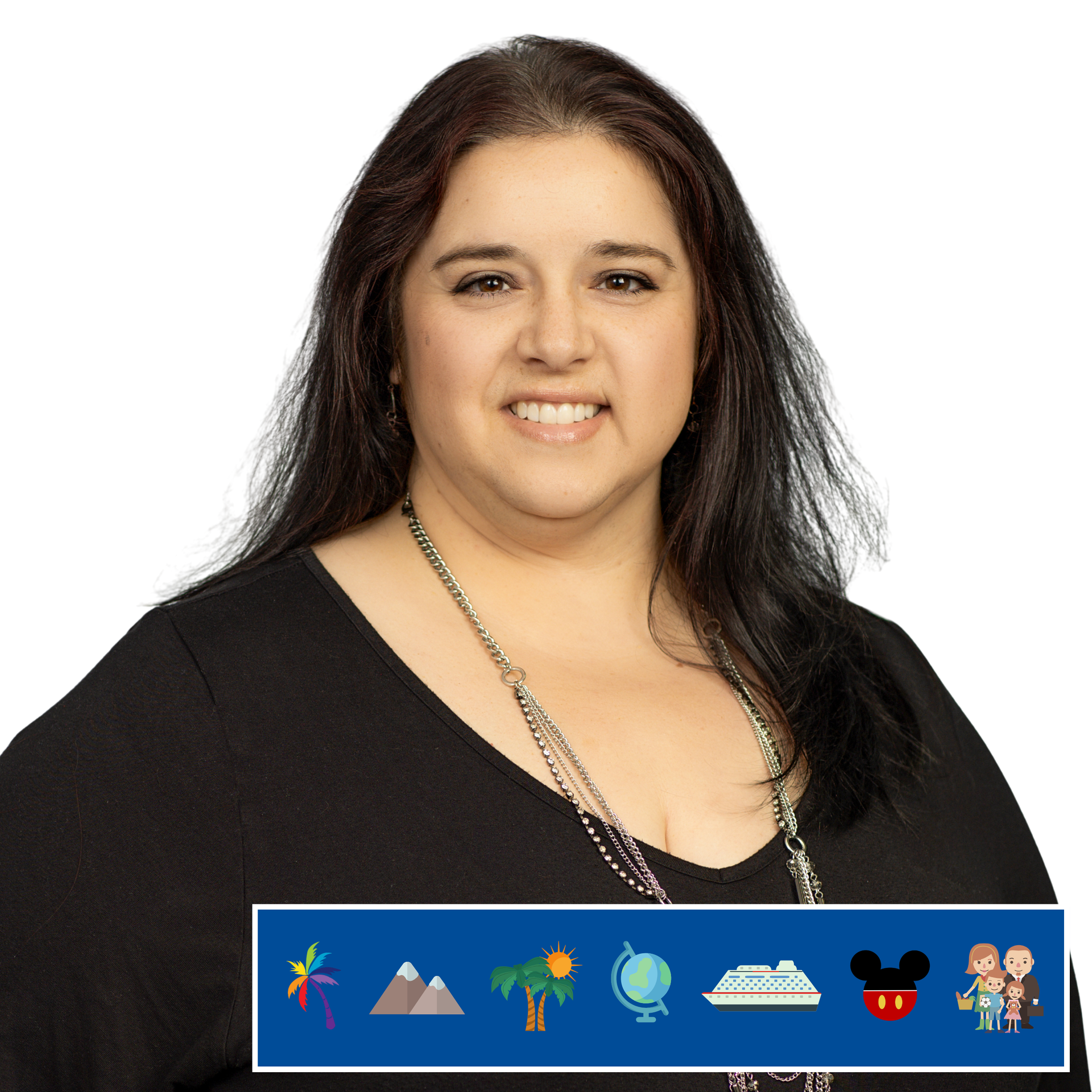 A woman in a purple shirt is smiling in front of a mickey mouse sign