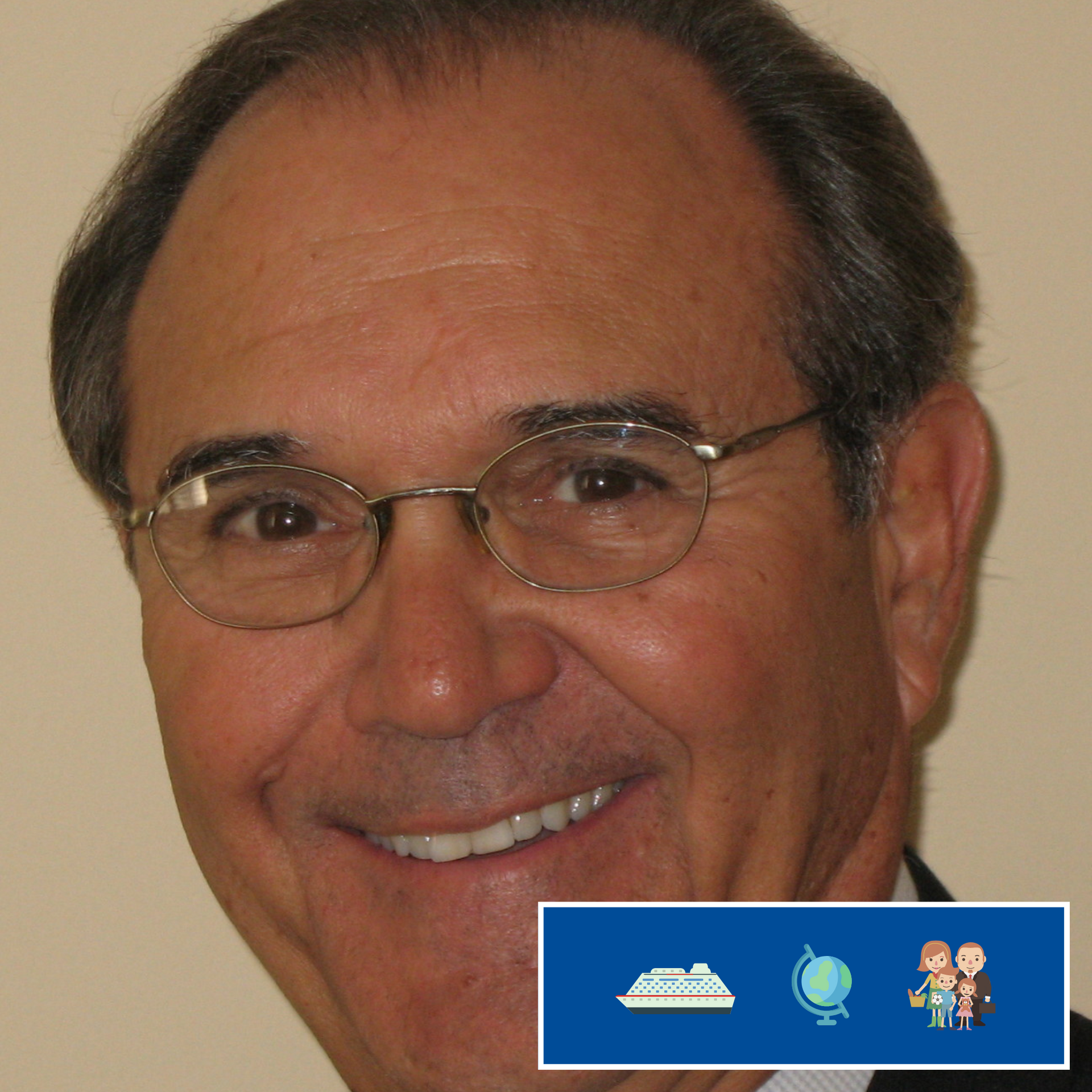 A man wearing glasses and a suit is smiling with a picture of a boat and two children behind him