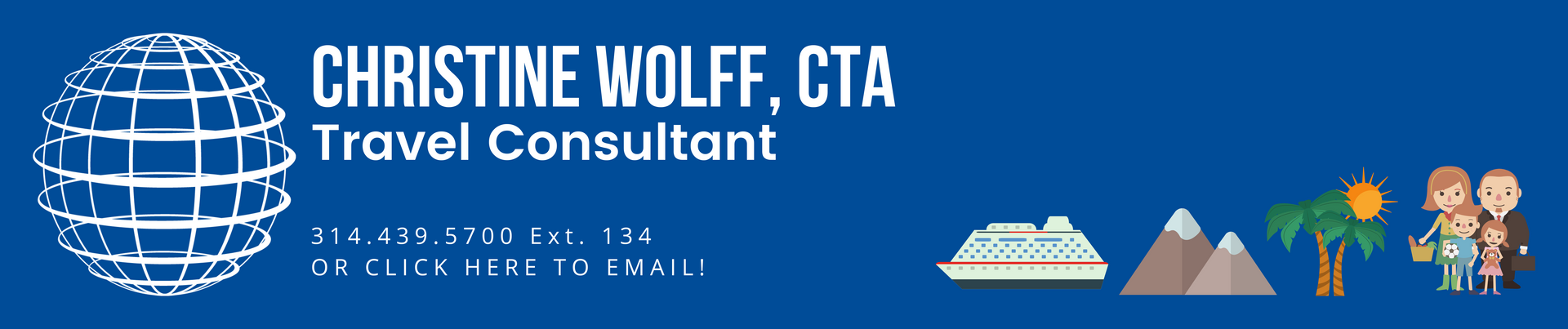 A blue banner for christine wolff cta travel consultant