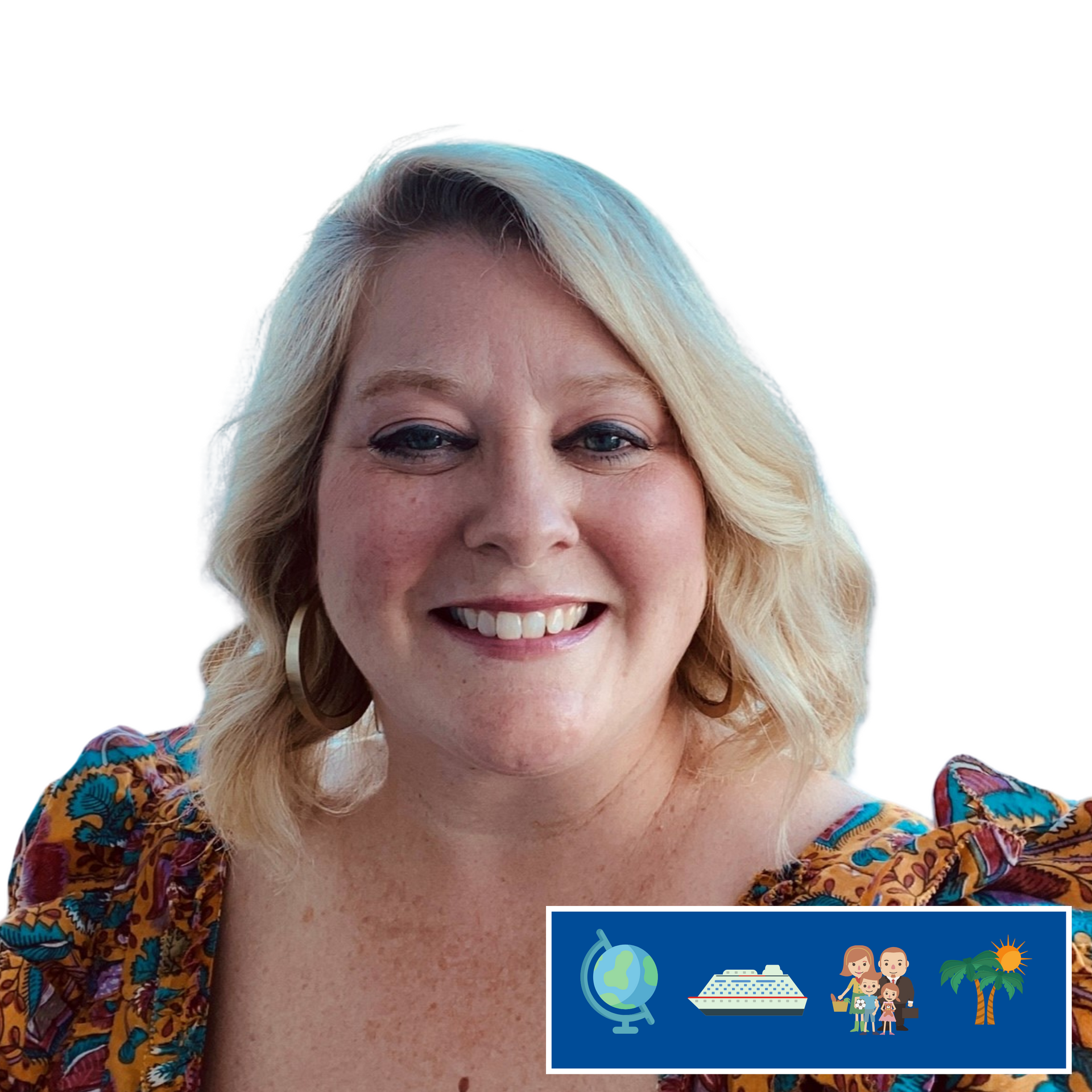 A woman in a floral dress is smiling in front of a white background.