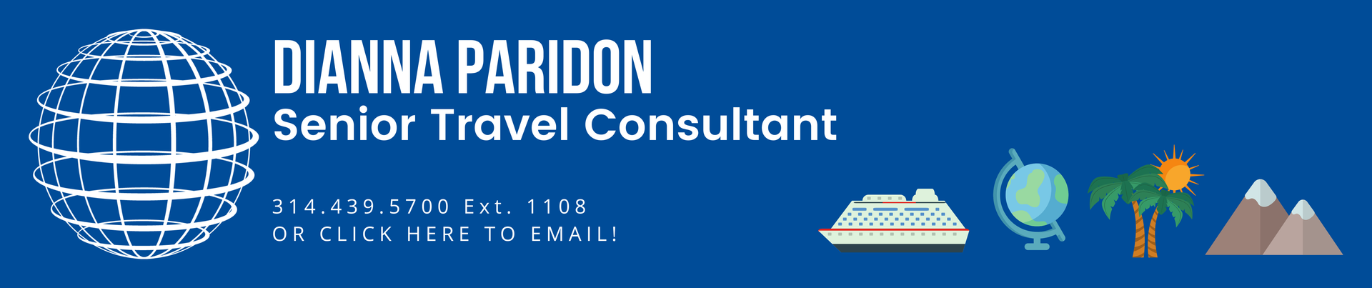 A blue banner for dianna paridon senior travel consultant
