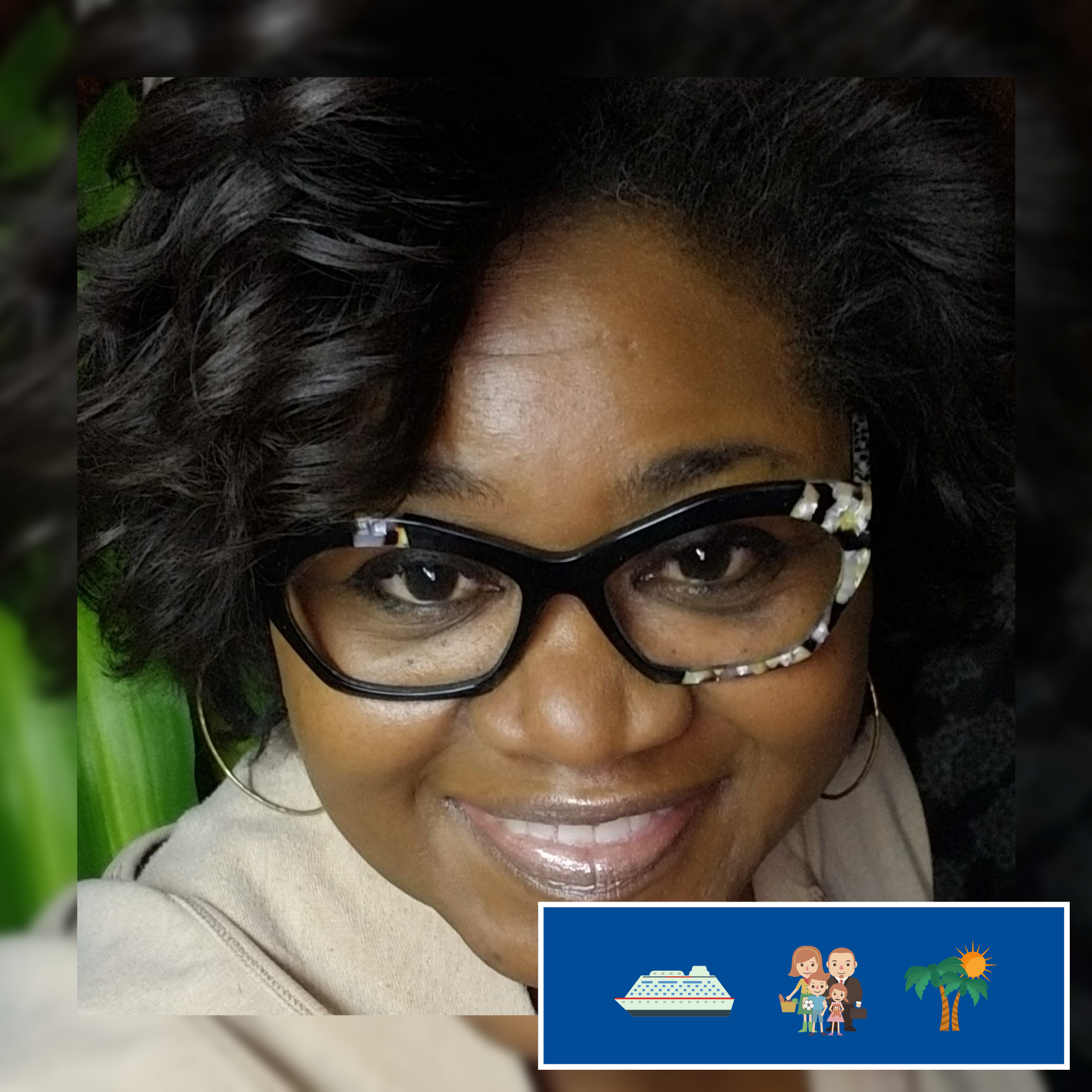 A woman wearing glasses is smiling with a picture of a cruise ship in the background