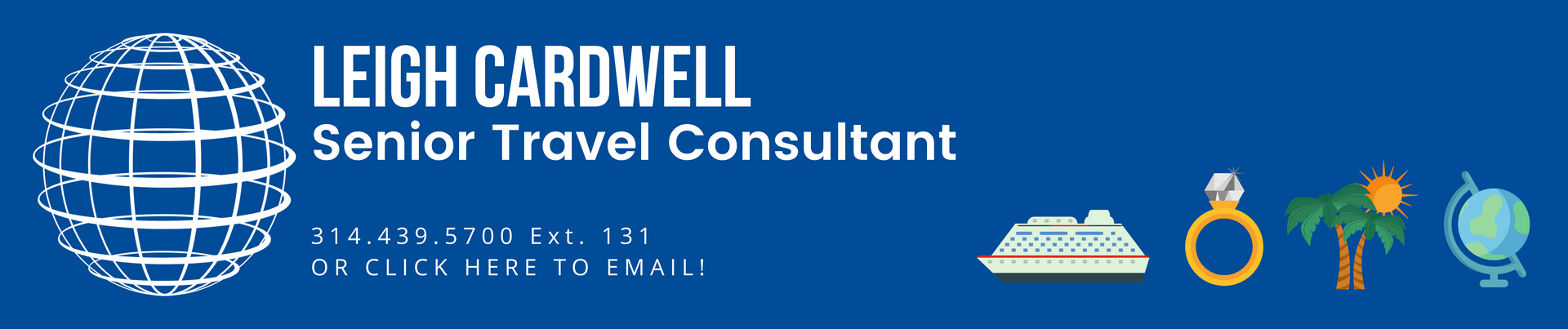 A blue banner for leigh cardwell senior travel consultant