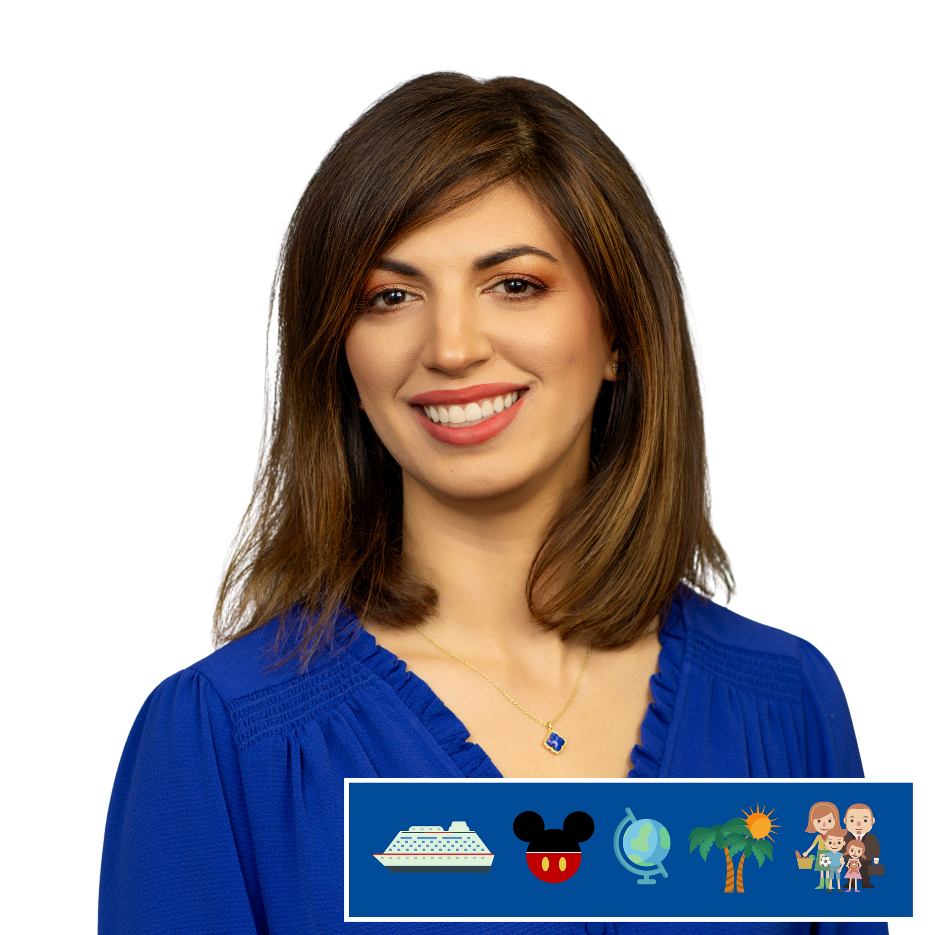 A woman is smiling with a mickey mouse icon next to her