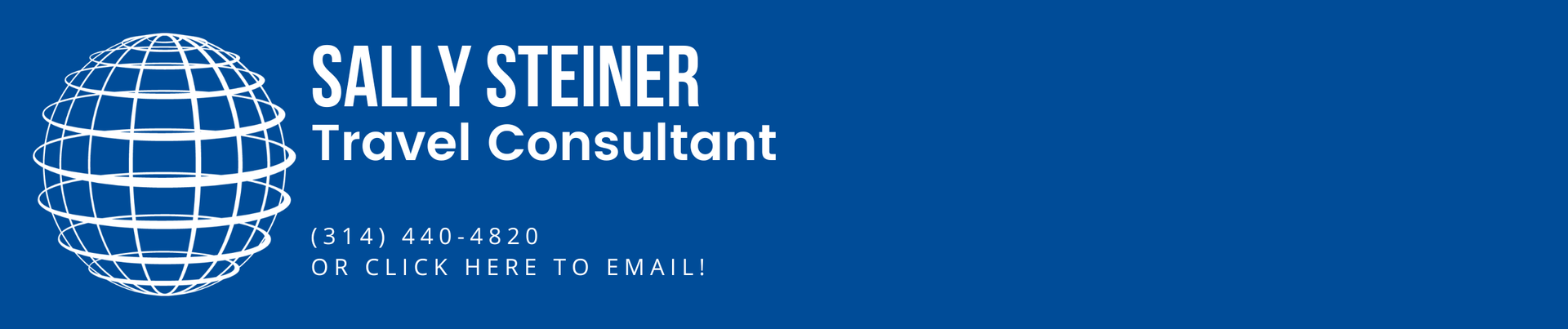 A blue banner for sally steiner, travel consultant at Brentwood Travel in St. louis Mo