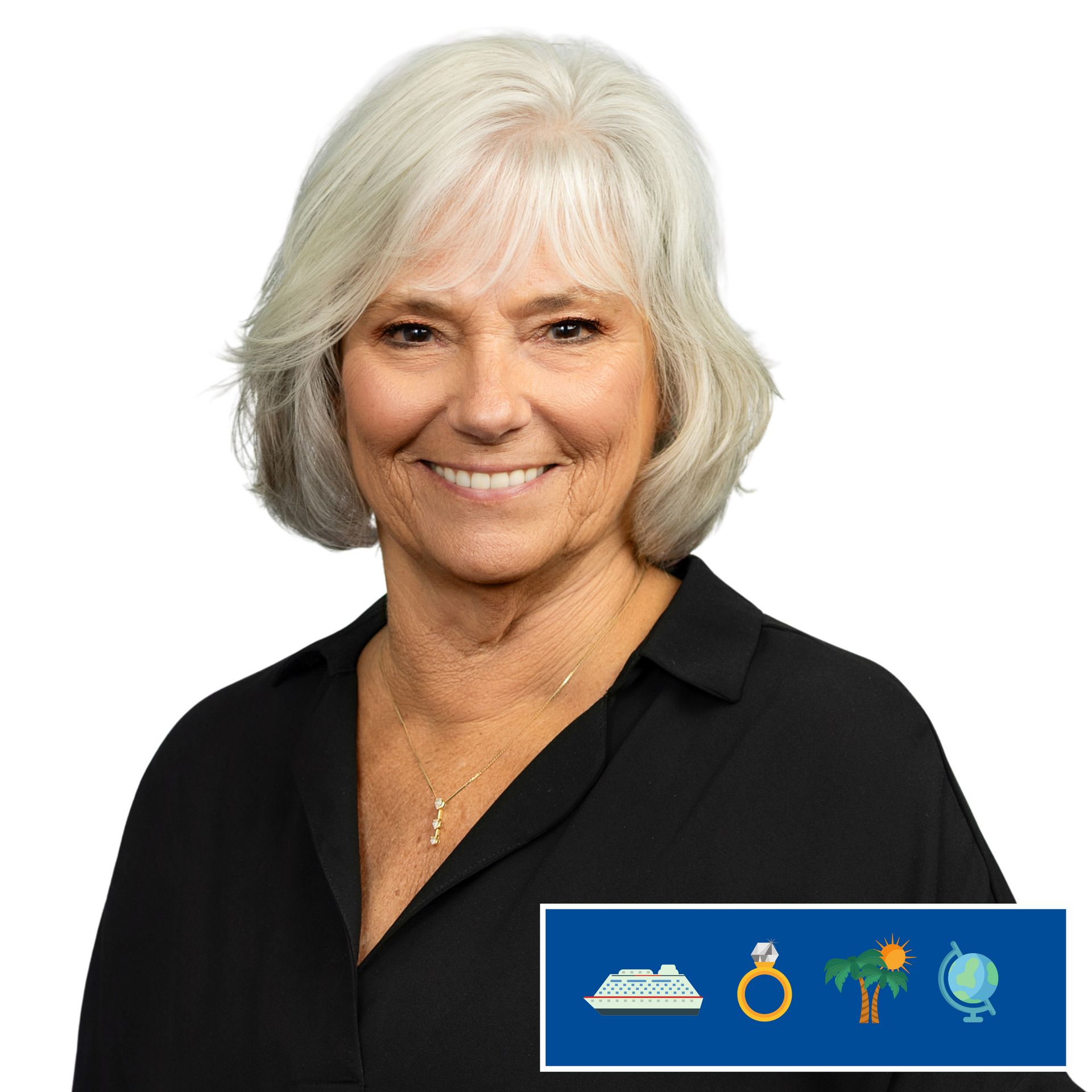 A woman wearing a necklace and earrings smiles for the camera