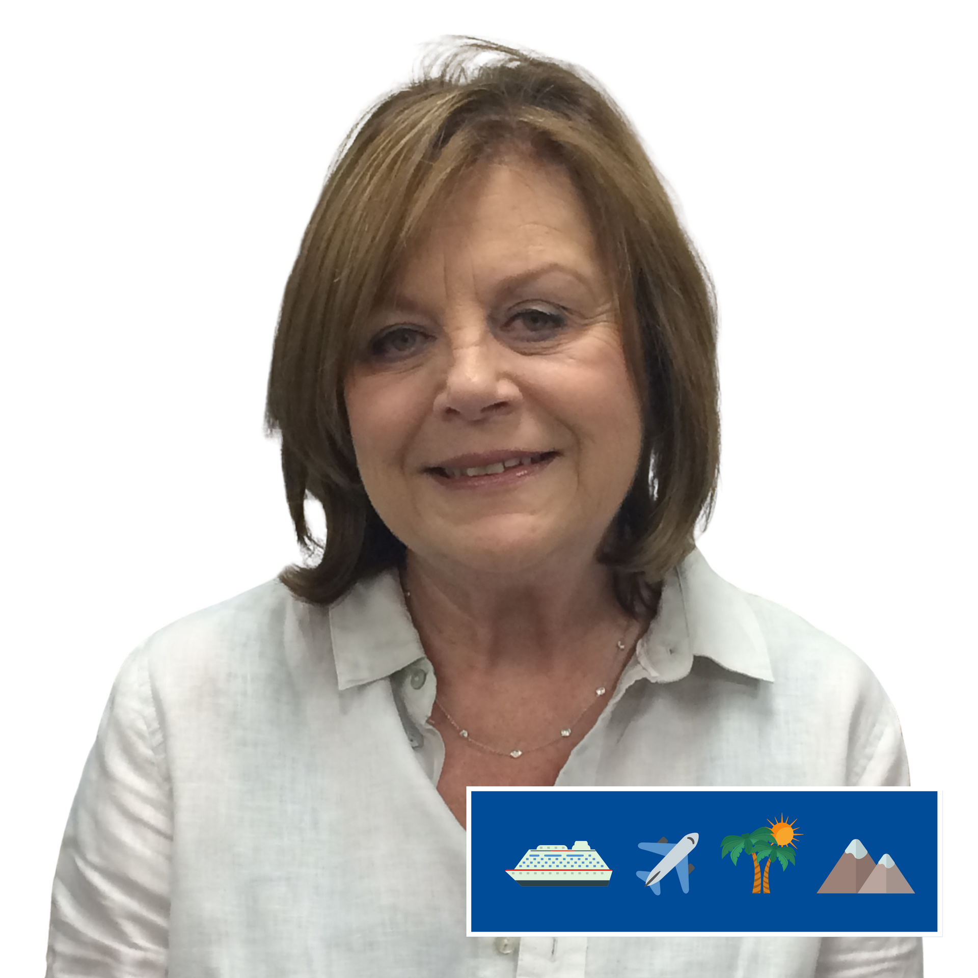 A woman in a white shirt is smiling in front of a picture of a cruise ship.