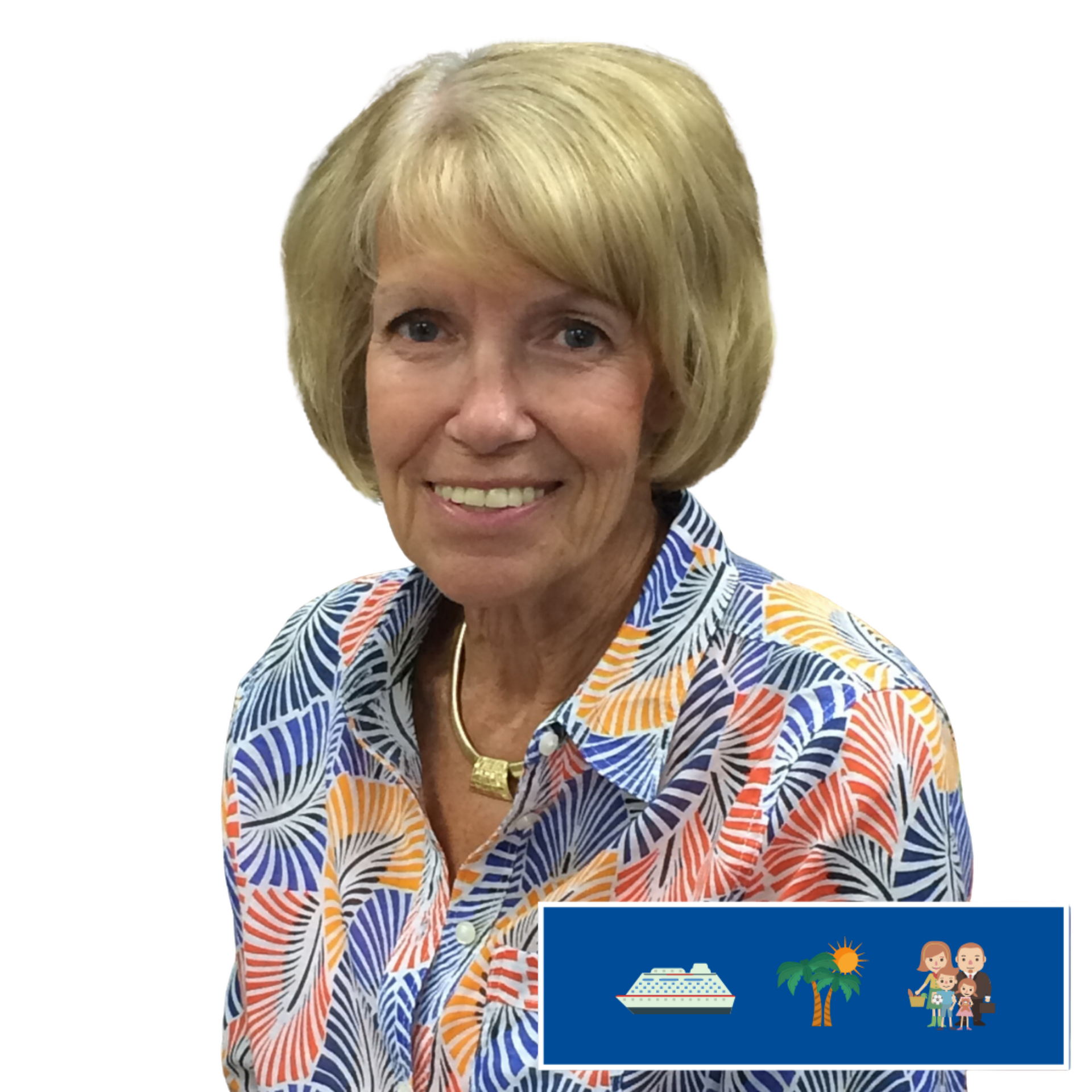 An older woman wearing a colorful shirt is smiling