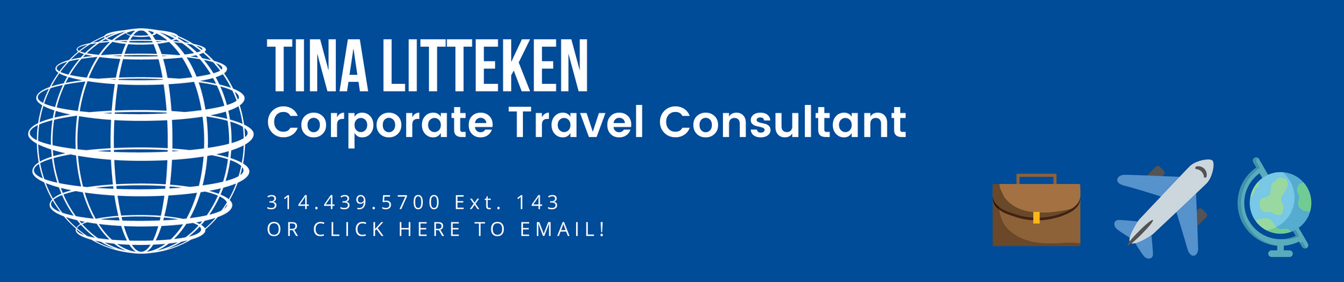 A blue sign that says tina litteken corporate travel consultant