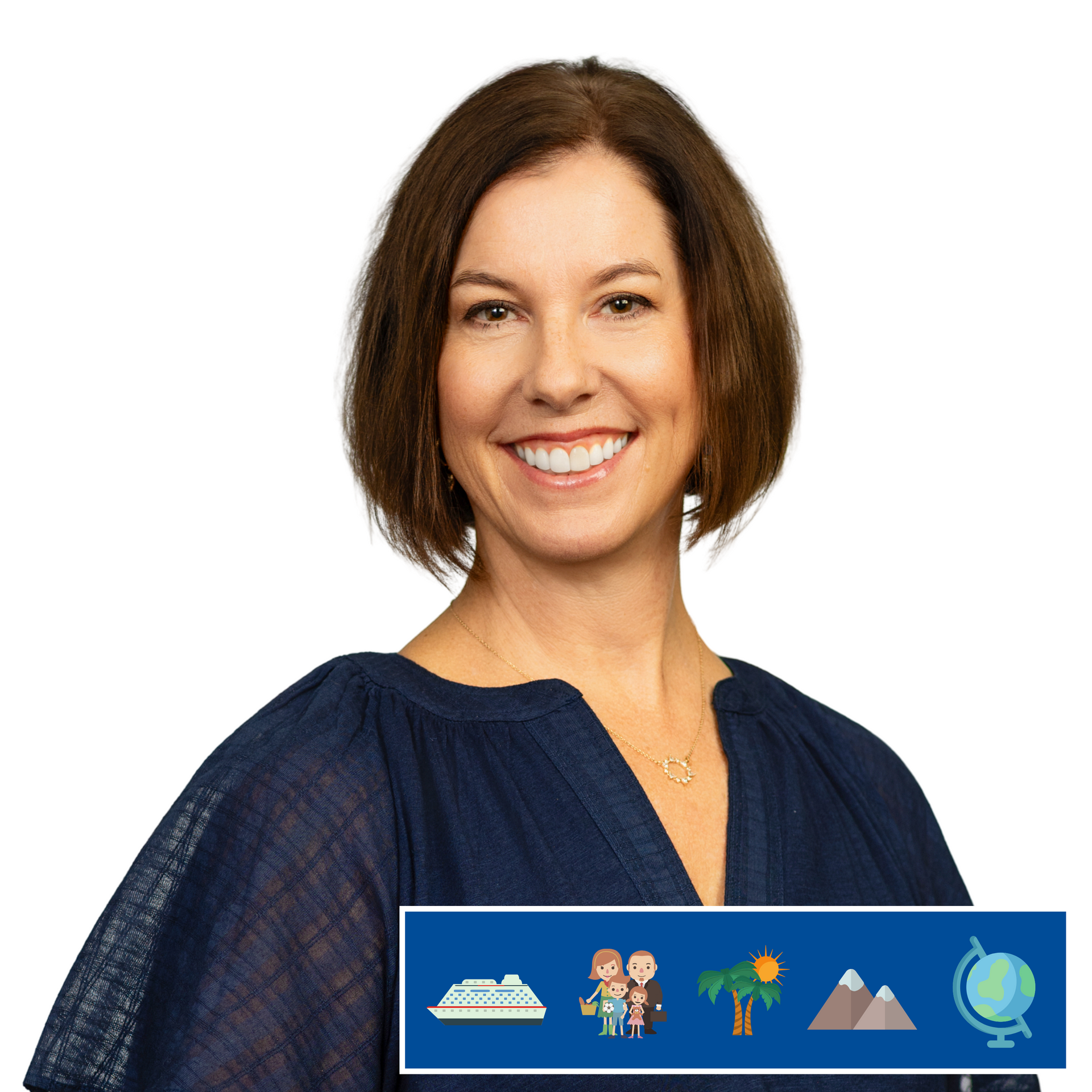 A woman is smiling next to a picture of a cruise ship