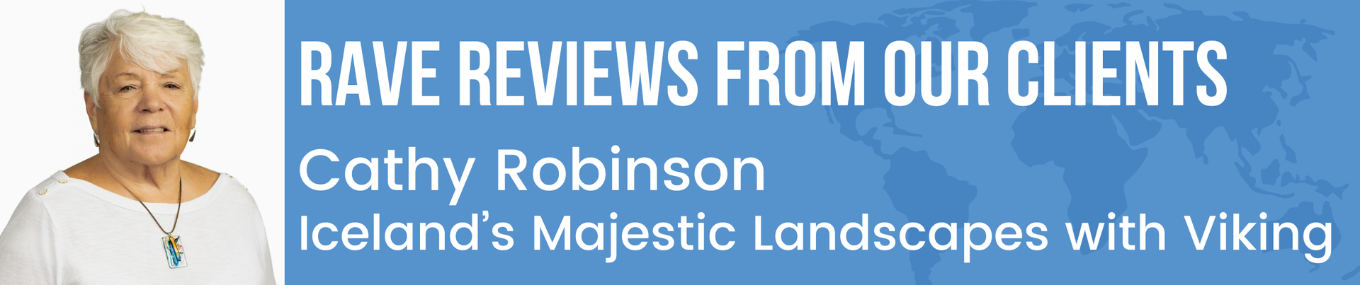 A woman with white hair is featured. Text reads