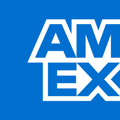 A blue and white am ex logo on a blue background