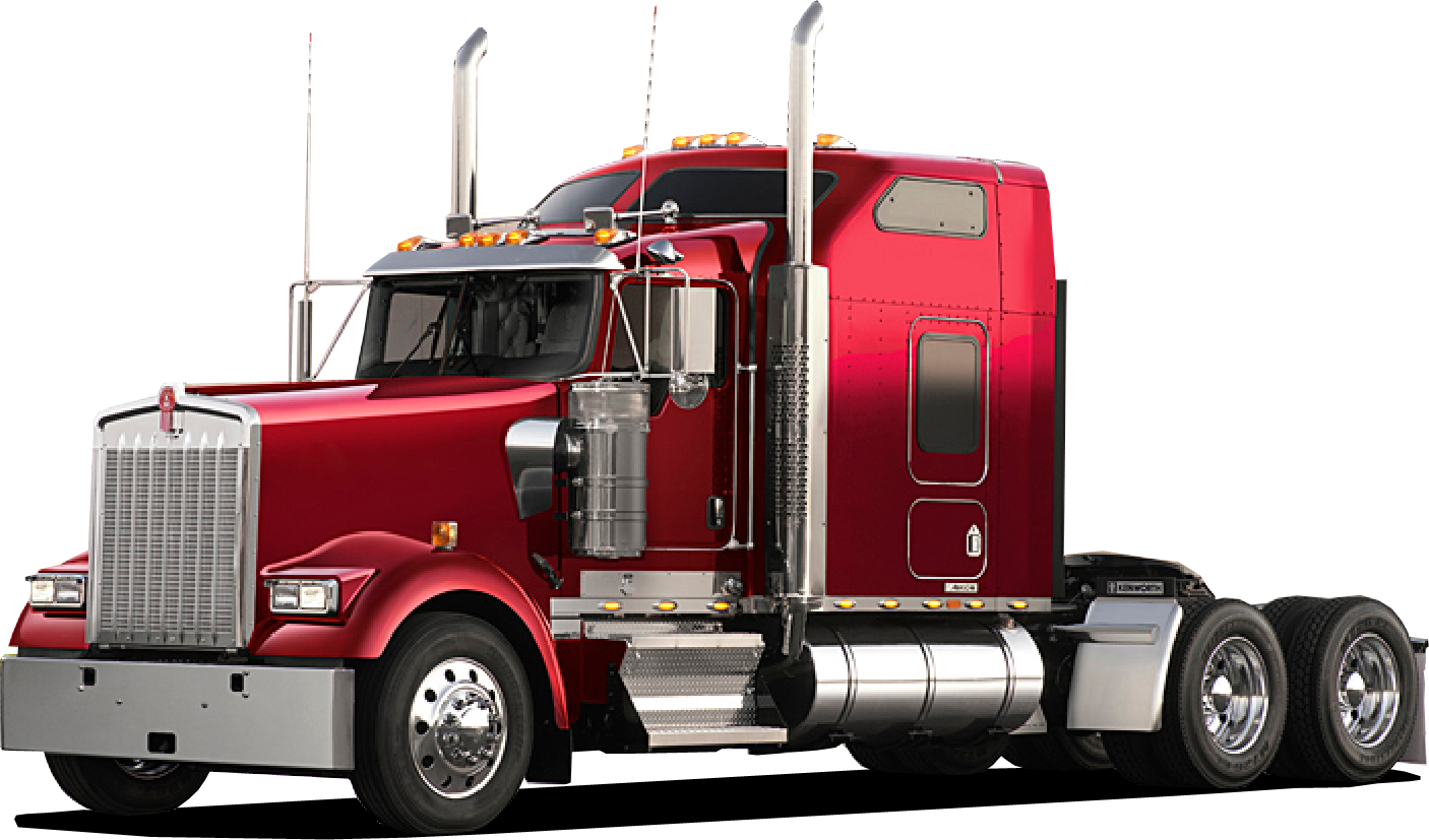 A red semi truck is parked on a white background.