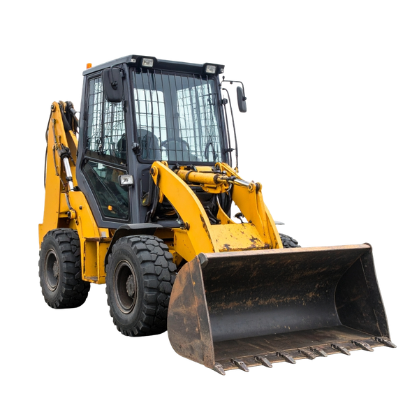 A yellow bulldozer with a large bucket on a white background.