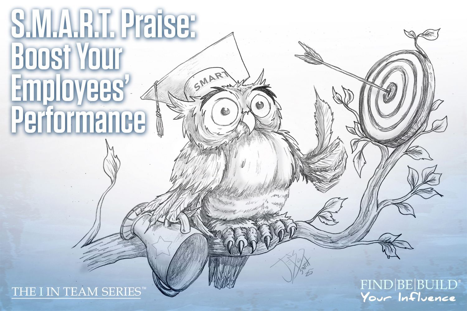A drawing of an owl sitting on a branch with a target