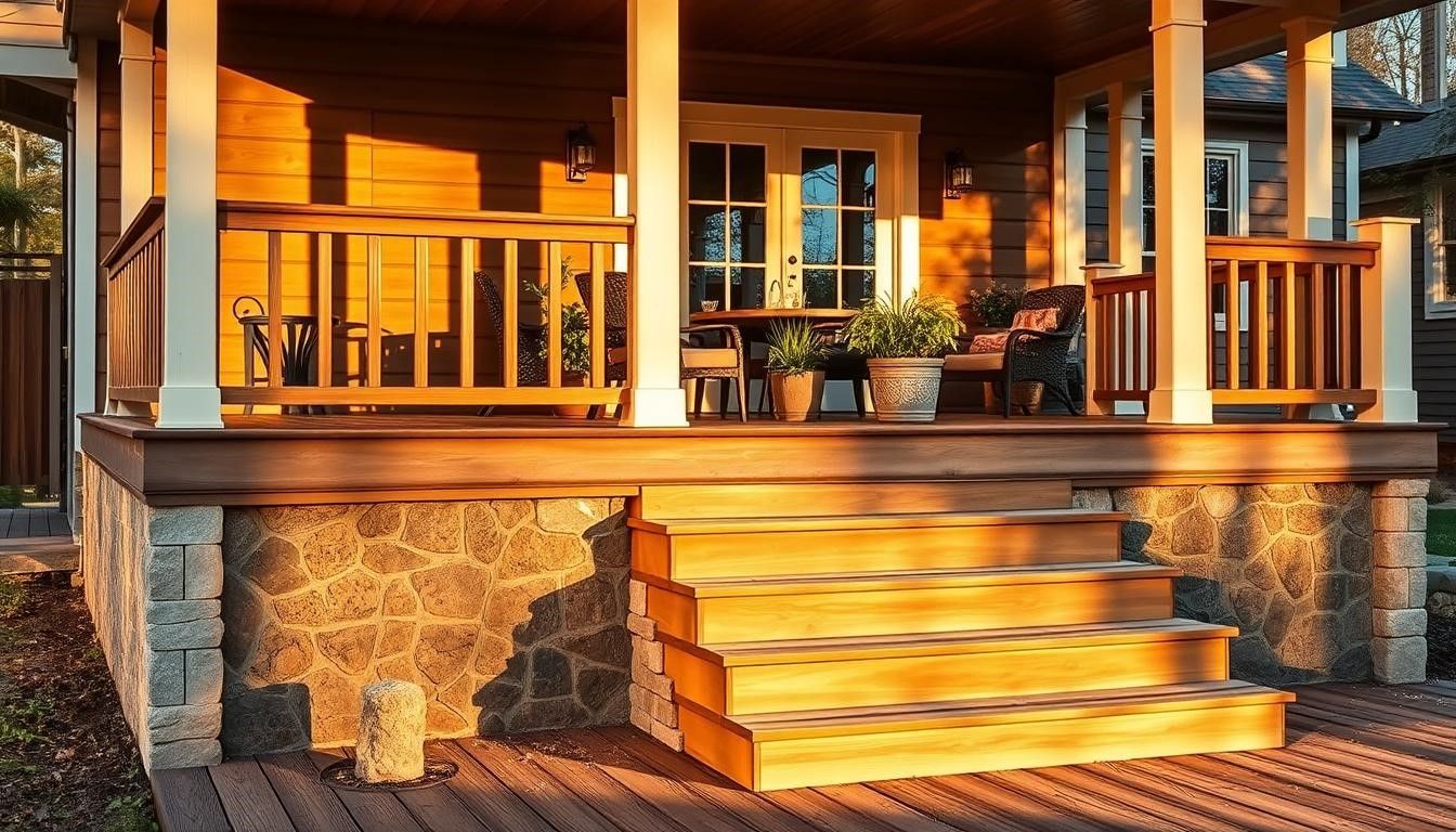 Wooden porch with steps, stone base, and seating bathed in golden sunlight.