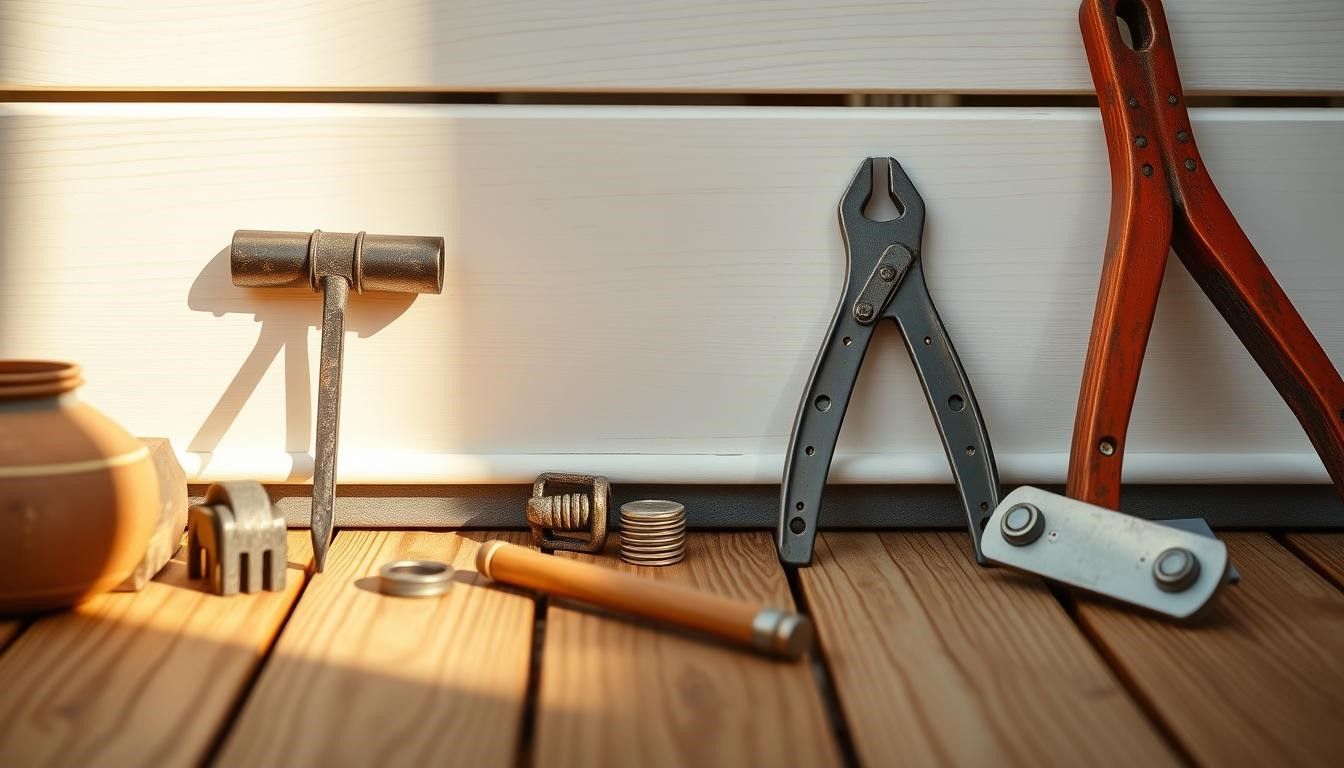 Tools on wooden surface: pliers, wrench, measuring tool, wood background with sunlight.
