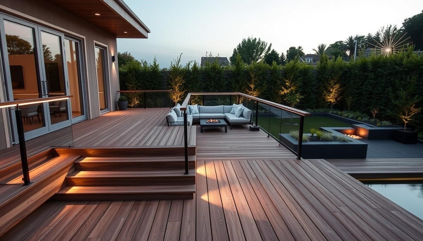 Wooden deck with lit stairs, sofa, fire pit, and low hedges at dusk.