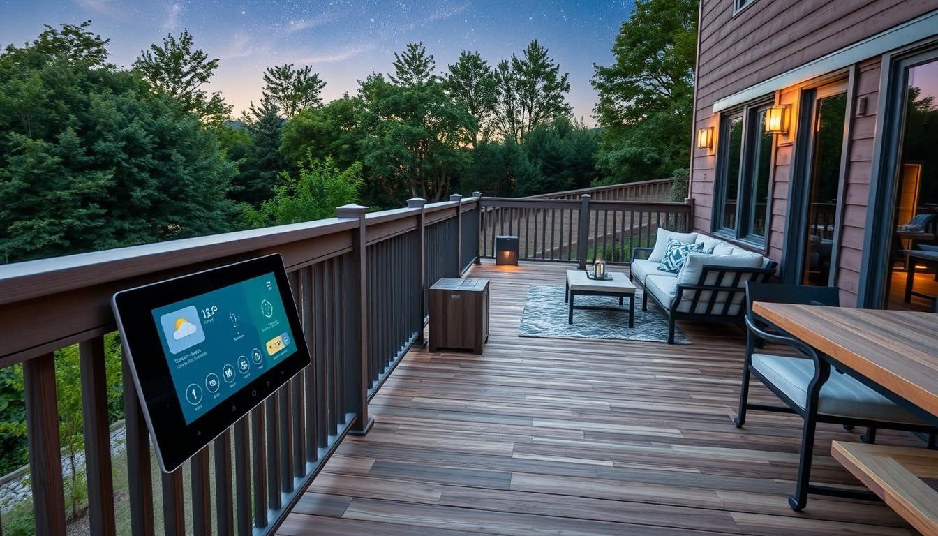 Deck with an outdoor display showing weather info, overlooking trees, dusk setting.
