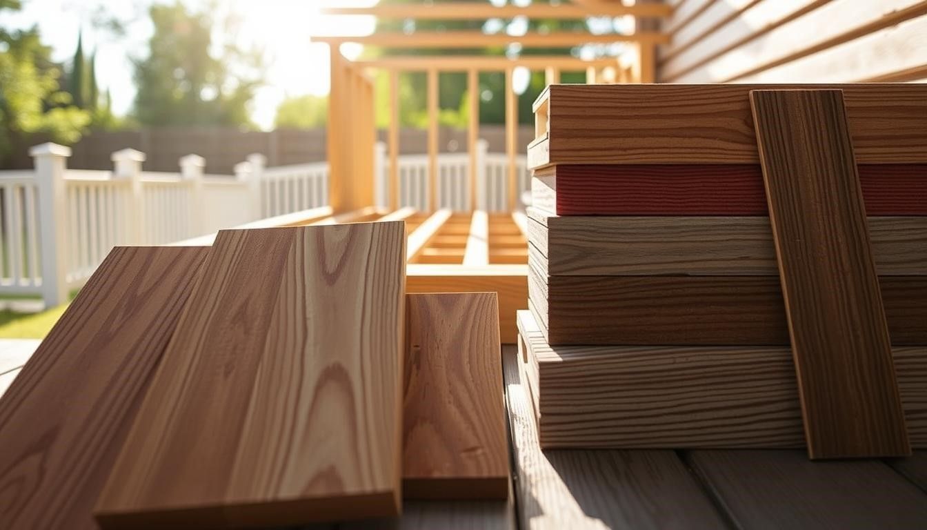 Wooden planks of various colors stacked outdoors, with a deck and pergola in the background.