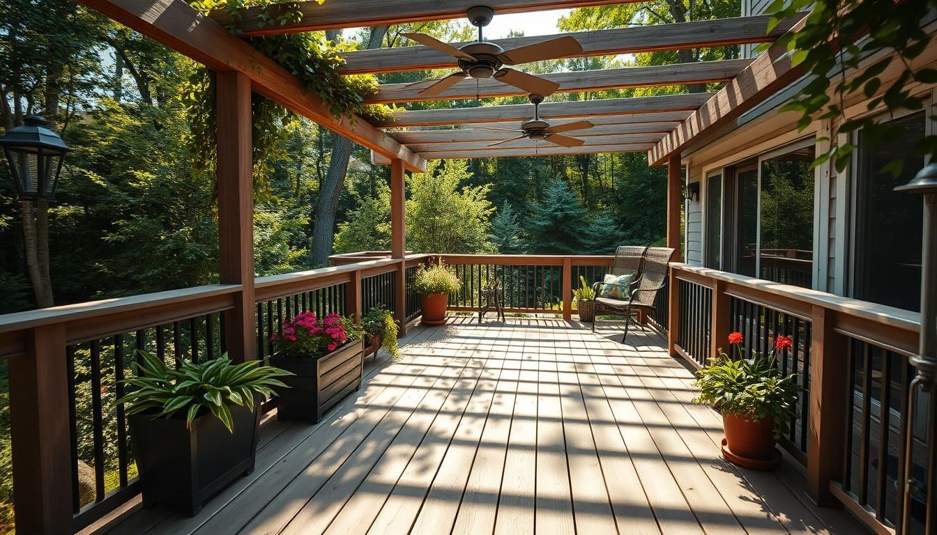 Wooden deck with pergola, planters, ceiling fans, and a scenic tree-filled background.