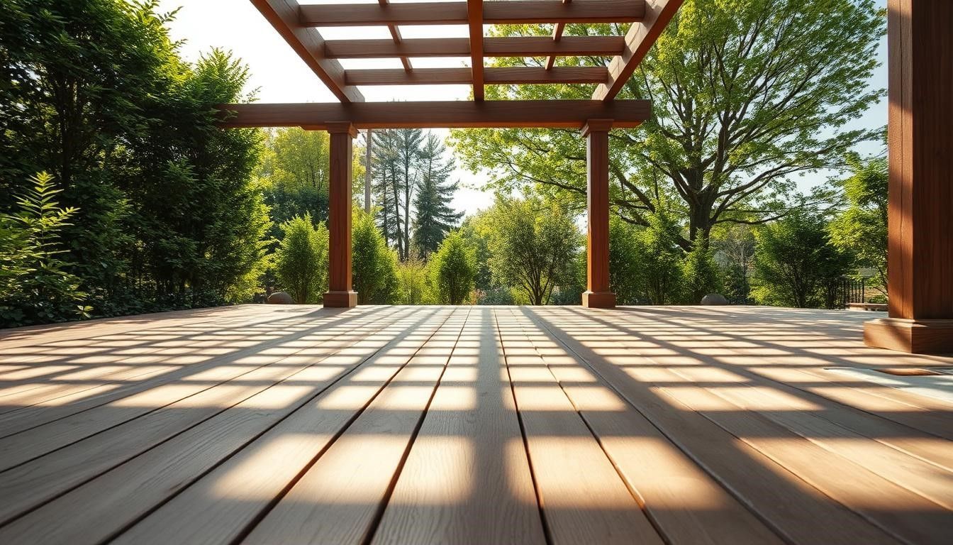 Wooden deck and pergola casting shadows in a sunny garden.