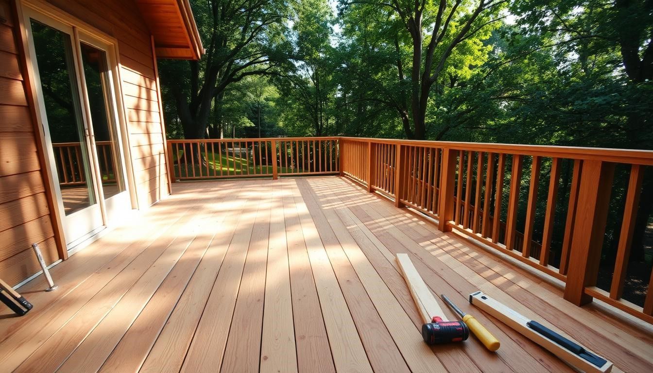 Wooden deck with railing, tools, and a wooded background.
