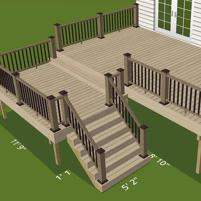 3D rendering of a two-level wooden deck with stairs and railings, attached to a house with windows.