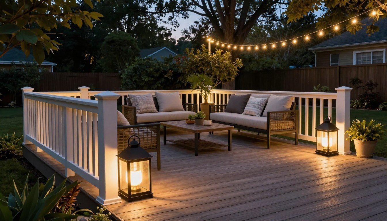 A cozy outdoor deck at dusk, featuring comfortable seating, a wooden coffee table, lanterns, and overhead string lights.