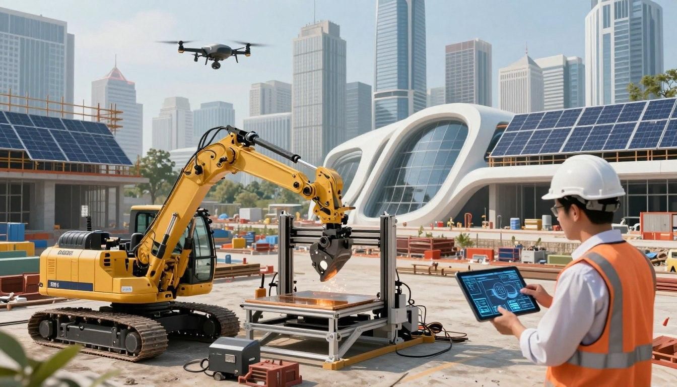 Construction site with excavator, drone, worker using tablet, and modern buildings.