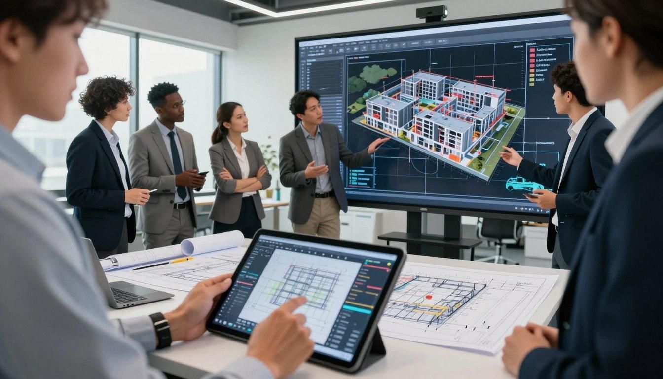Architects in a meeting, reviewing building plans on a large screen and tablet in a modern office.
