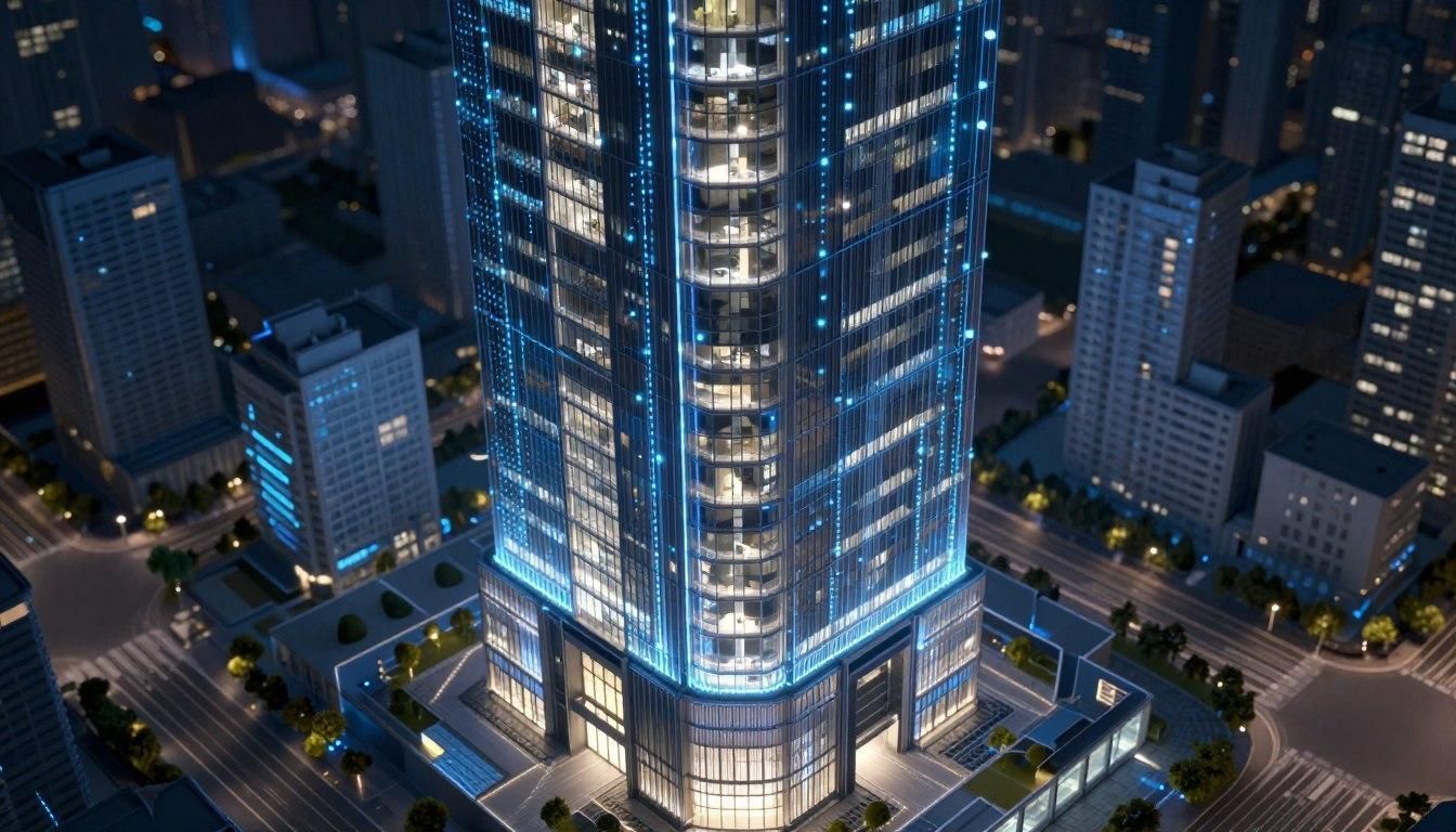High-rise building at night, illuminated with blue lights, in a city.