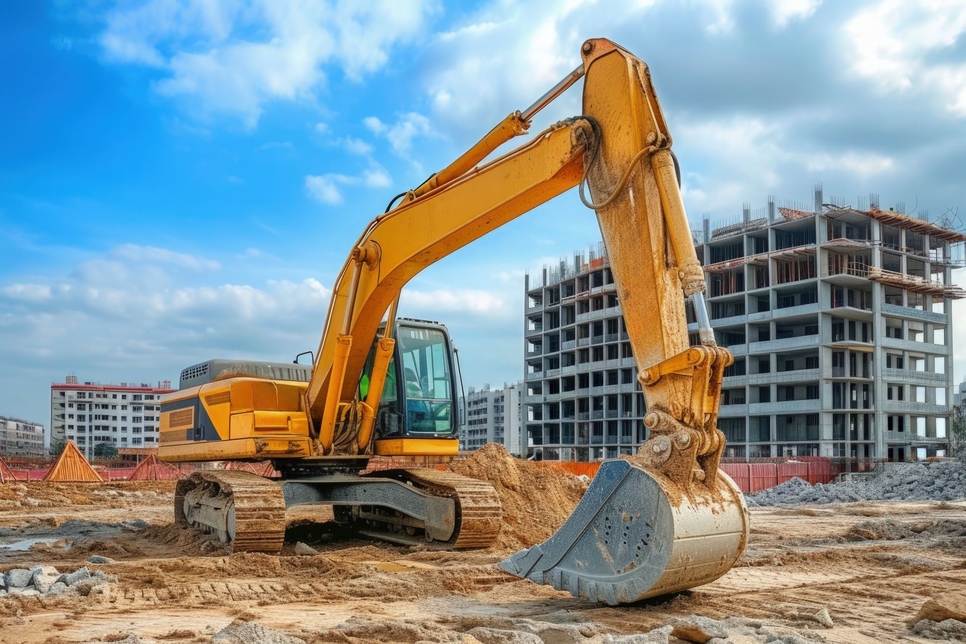 Yellow excavator on a construction site; building under construction in the background, blue sky.