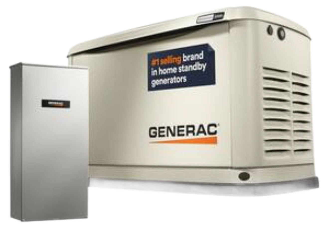 A Generac standby generator and control panel. Beige generator with orange logo, silver panel.