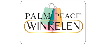 Palm Beach Winkelen-logo met een boodschappentas en een veelkleurige boog boven de tekst.